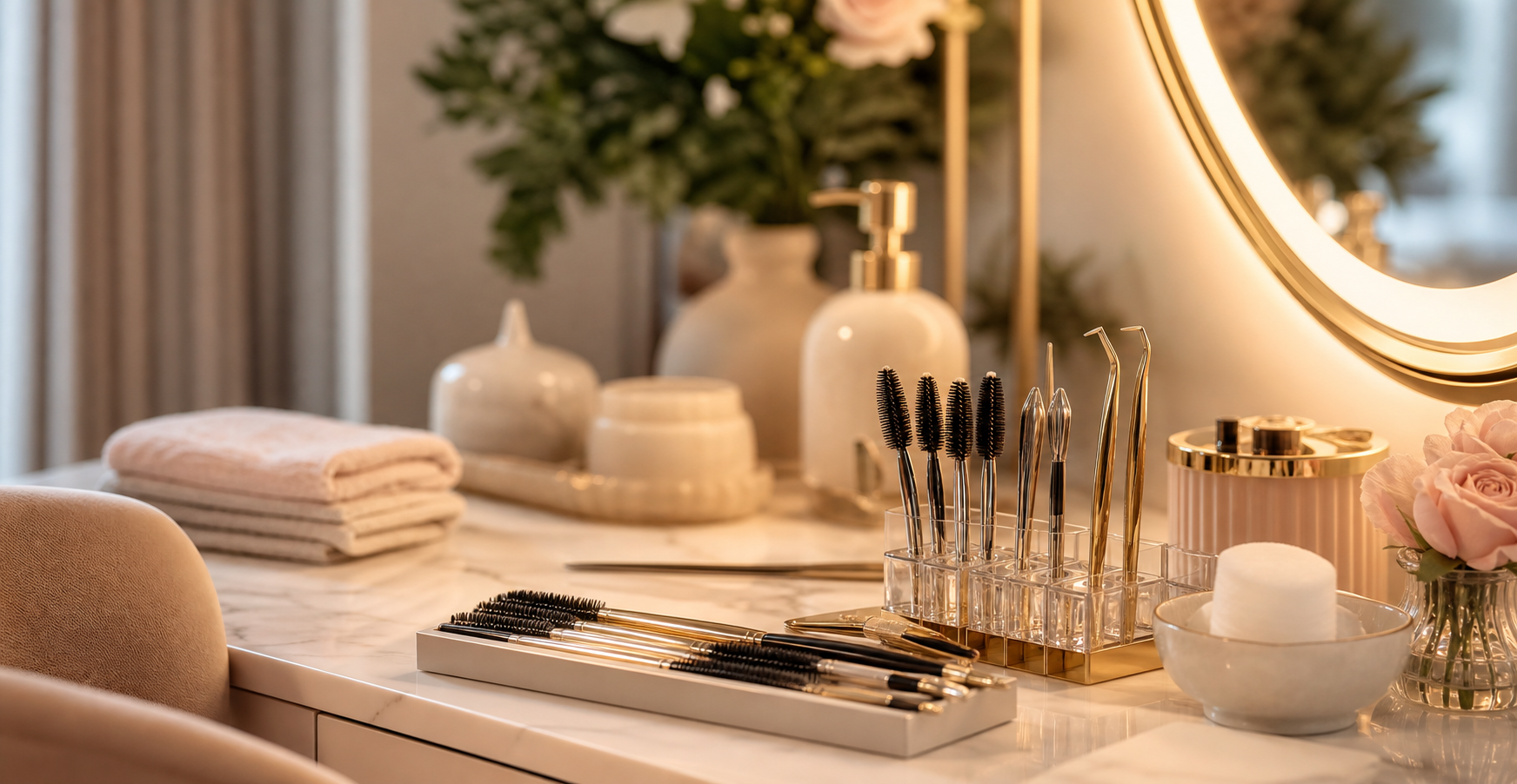 Lash und Brow Styling Bereich mit Vanity Licht