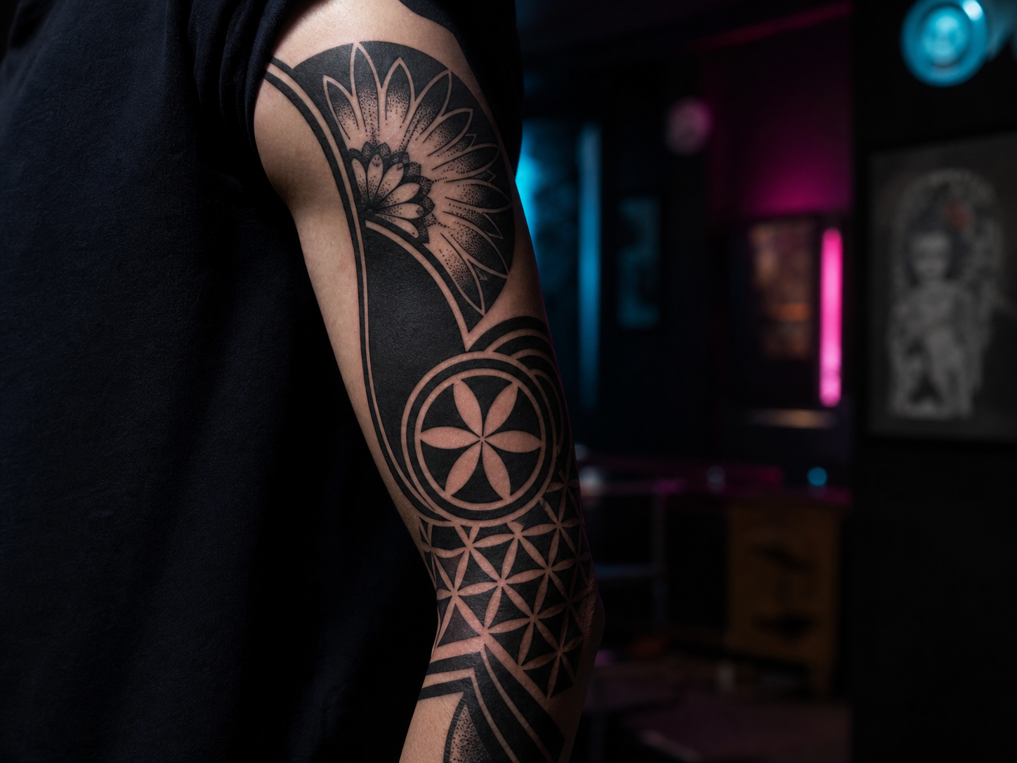 Blackwork Tattoo mit starken schwarzen Flaechen auf einem Arm