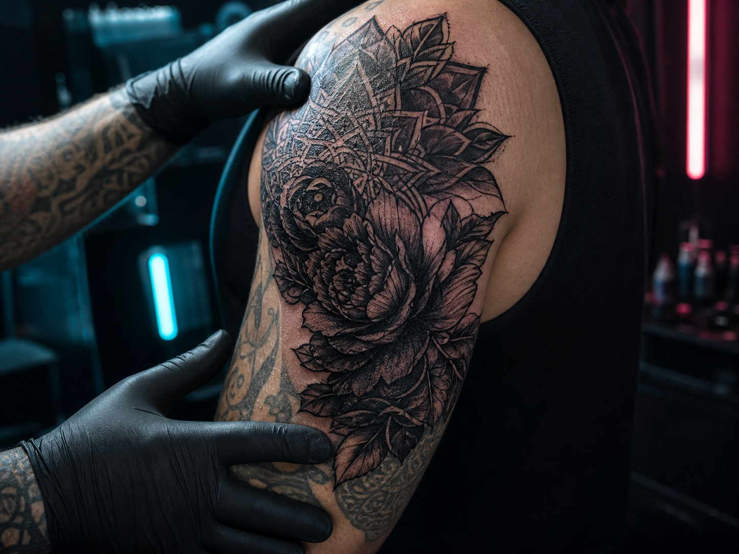 Cover-up Tattoo mit dunklem floralen Motiv auf einem Arm